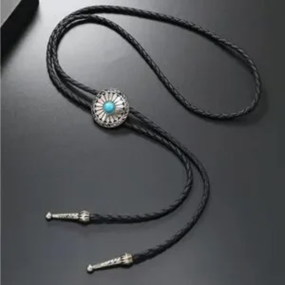 Turquoise Stone Small Round Concho Bolo Tie Mens Casual Western Cowboy Accessory